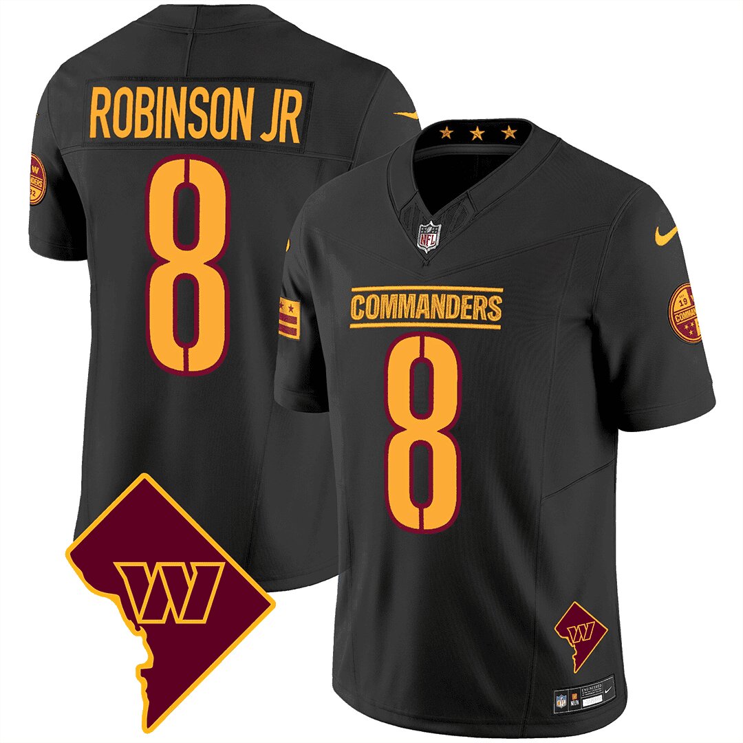 Men Washington Commanders 8 Robinson jr Black DC Map Patch 2024 Nike Vapor Limited NFL Jersey style 1